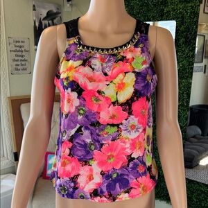 Vibrant Floral Tank Top with Studded Neckline